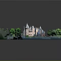 Medieval Castle Ancient Architecture With Historic Garden Winding Paths Lush Trees And Stone Bridge