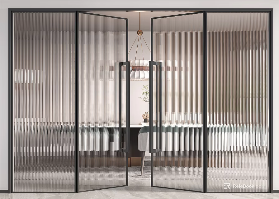 Modern Interior Space With Open Ribbed Glass Partition And Dining Area 3d model 