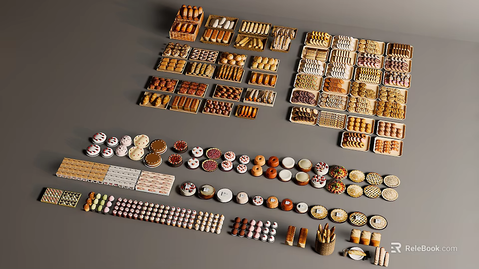 Various Types and Shapes of Neatly Arranged Pastries Cookies and Desserts in Trays and Boxes 3d model 