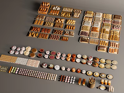 Various Types and Shapes of Neatly Arranged Pastries Cookies and Desserts in Trays and Boxes 3d model
