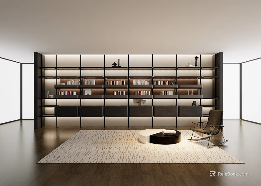 Modern Bookcase With Built In Lighting And Decorative Shelves Near Accent Chair And Rug 3d model 