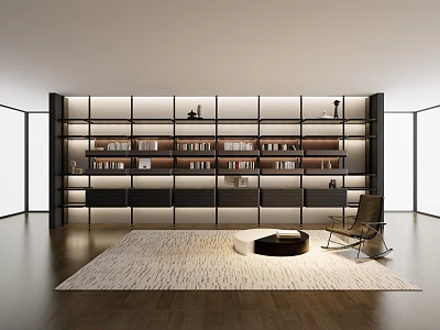 Modern Bookcase With Built In Lighting And Decorative Shelves Near Accent Chair And Rug 3d model