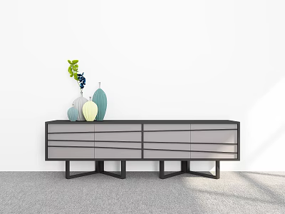Modern Gray And Black TV Stand With Drawers Decorative Vases And Green Plant 3d model