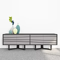 Modern Gray And Black TV Stand With Drawers Decorative Vases And Green Plant
