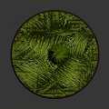 Decorative Garden Scene With Green Lawn And Central Cone Trimmed Shrub On Round Red Base