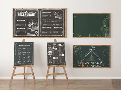 Restaurant Menu Chalkboards with Easel Stands French Food List and Castle Illustrations 3d model