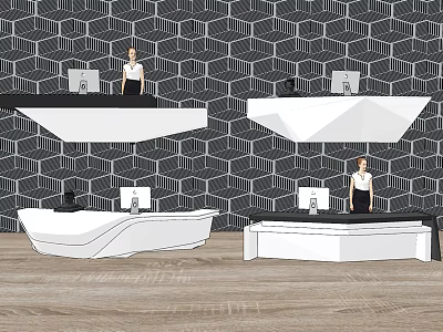 Modern Reception Desk Designs With Hexagonal Patterned Wall And Computer Monitors 3d model