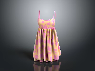 Pastel Pink And Yellow Square Patterned Dress With Spaghetti Straps And Pleated Skirt 3d model