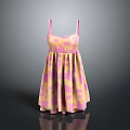 Pastel Pink And Yellow Square Patterned Dress With Spaghetti Straps And Pleated Skirt