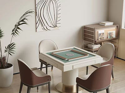 Elegant Modern Entertainment Table With Green Surface And Gold Legs Surrounded By Four Chairs 3d model