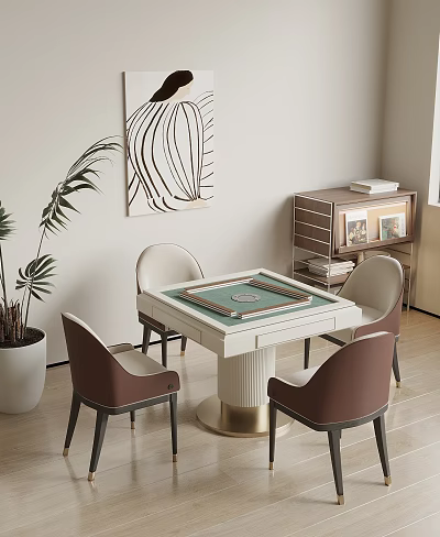 Elegant Modern Entertainment Table With Green Surface And Gold Legs Surrounded By Four Chairs 3d model
