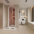 Modern Pastel Pink Bathroom Interior With Integrated Laundry Machines And Terrazzo Wall Decor Design