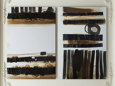 Two Panel Modern Abstract Paintings With Black Brown Lines And Shapes 3d model
