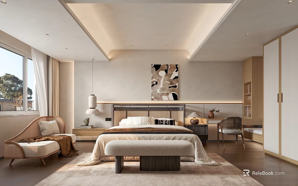 Modern Hotel Room Interior With King Bed Decorative Painting Window And Cozy Sofa 3d model 