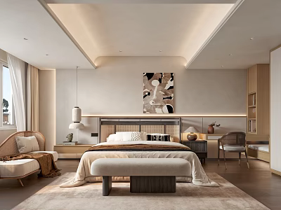 Modern Hotel Room Interior With King Bed Decorative Painting Window And Cozy Sofa 3d model