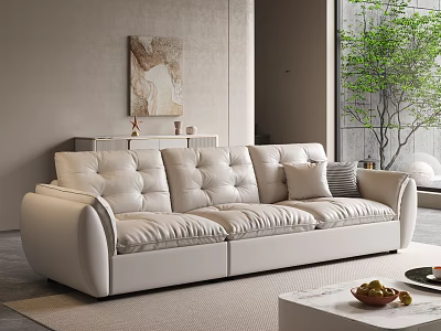 Modern White Leather Tufted Sofa and Coffee Table Set in Living Room with Green Plant 3d model
