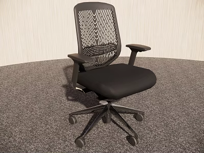 Black Mesh Back Office Chair with Armrests and Wheels on Gray Carpet 3d model