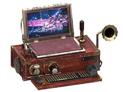 Vintage Steampunk Laptop With Wooden Case Typewriter Keyboard And Gramophone Horn Displaying City Night View 3d model