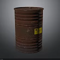 Red Rusty Industrial Metal Drum With Yellow Hazardous Waste Label