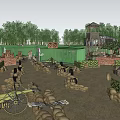 Outdoor Simulated Battlefield Setup With Camouflage Netting Sandbags Wooden Barrels Red Brick Walls And Watchtower