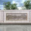 Elegant Landscape Feature Wall Design With Marble Texture Gold Lines And Outdoor Trees