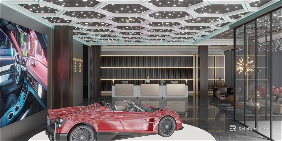 Luxury 4S Dealership Modern Lobby With Red Convertible Sports Car And Reception Desk 3d model 