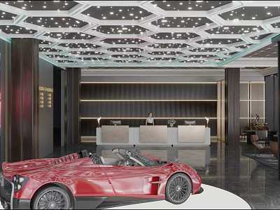 Luxury 4S Dealership Modern Lobby With Red Convertible Sports Car And Reception Desk 3d model
