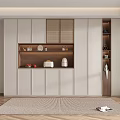 Modern White Wine Cabinet With Wooden Shelves And Decorative Plates