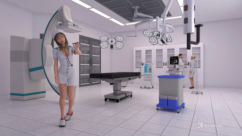 Modern Operating Room Interior With Medical Staff Surgical Table Lights And Equipment 3d model 