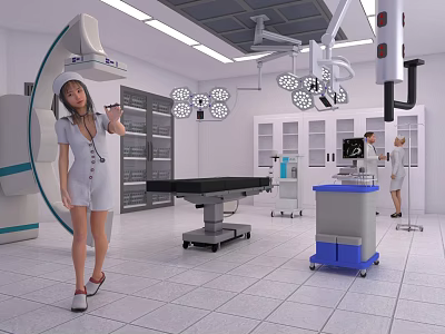Modern Operating Room Interior With Medical Staff Surgical Table Lights And Equipment 3d model
