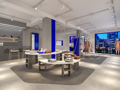 Modern Clothing Store Interior With Round Display Tables Mannequins And City View Windows 3d model