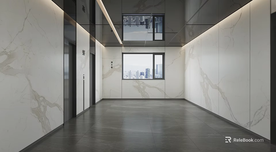 Modern Elevator Hallway With Marble Walls Glass Doors Gray Flooring And City View Windows 3d model 