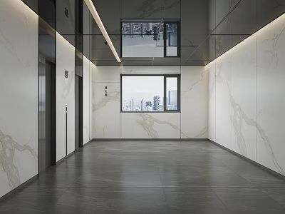 Modern Elevator Hallway With Marble Walls Glass Doors Gray Flooring And City View Windows 3d model