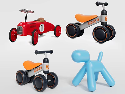 Various Electric Toys Including Racing Car Balance Bike And Dog Shaped Designs For Kids 3d model