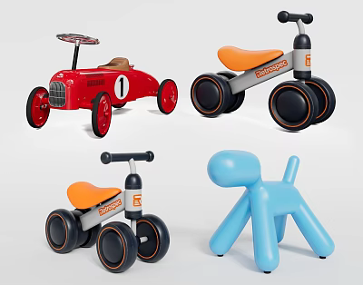 Various Electric Toys Including Racing Car Balance Bike And Dog Shaped Designs For Kids 3d model