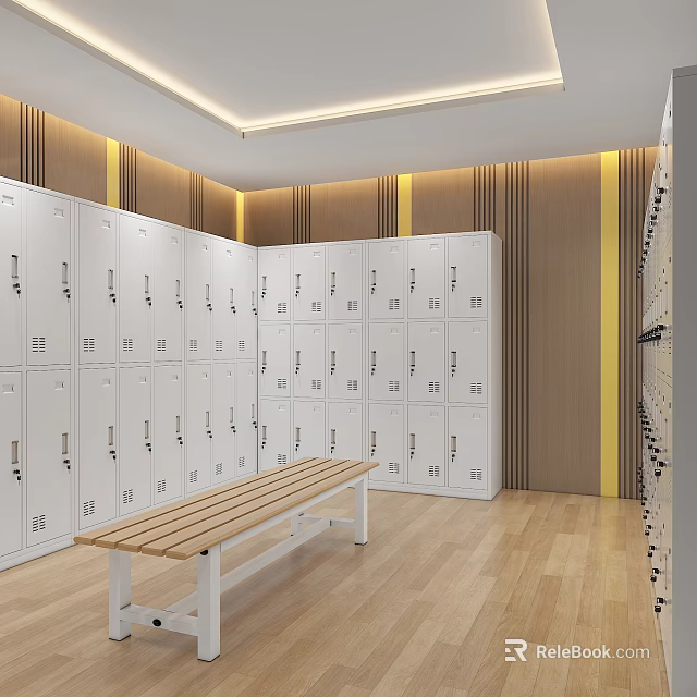 Modern White Multi Door Wardrobes Arranged In Bright Warm Changing Room With Simple Wooden Bench 3d model 