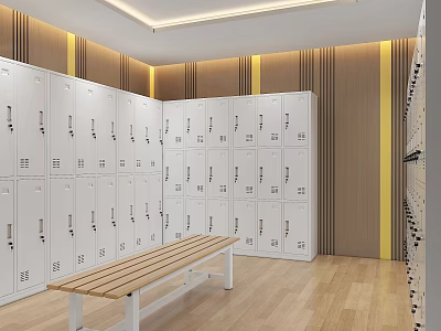 Modern White Multi Door Wardrobes Arranged In Bright Warm Changing Room With Simple Wooden Bench 3d model