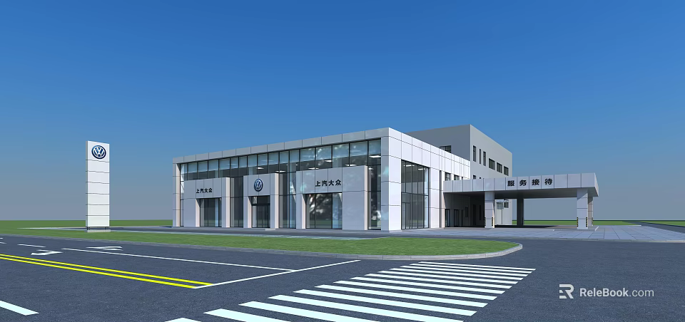 SAIC Volkswagen Modern Car Showroom With Large Glass Facade And White Exterior 3d model 