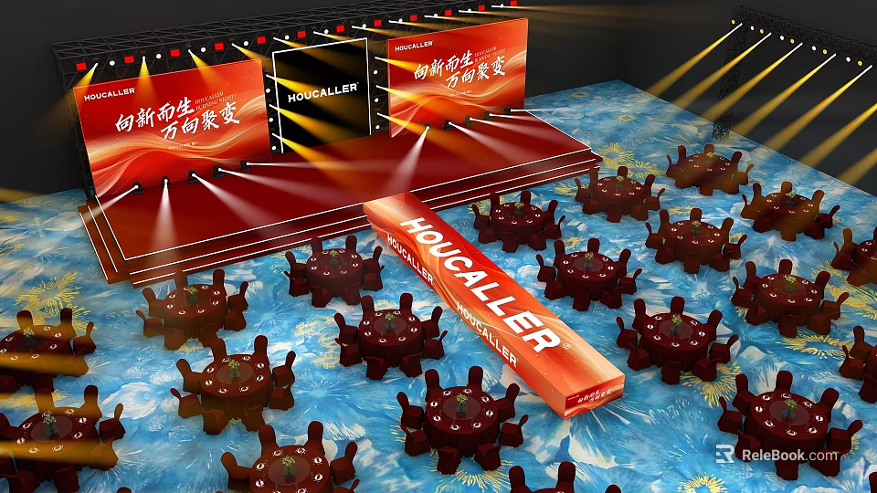 Banquet Hall Setup With Red Stage HOU CALLER Signs Warm Lighting And Red Tables Chairs 3d model 