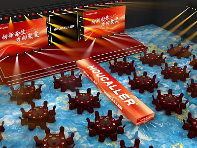 Banquet Hall Setup With Red Stage HOU CALLER Signs Warm Lighting And Red Tables Chairs 3d model