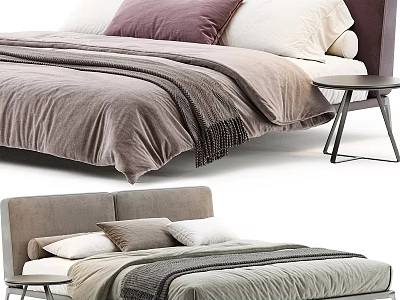 Modern Double Bed Design With Soft Fabric Headboard Cozy Bedding And Metal Nightstand 3d model