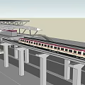High Speed Train Moving On Elevated Track With Covered Platform And Concrete Pillars 3d model