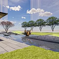 Modern Architectural Pergola With Stone Walls Walkway Waterfall Green Plants And Cloudy Sky