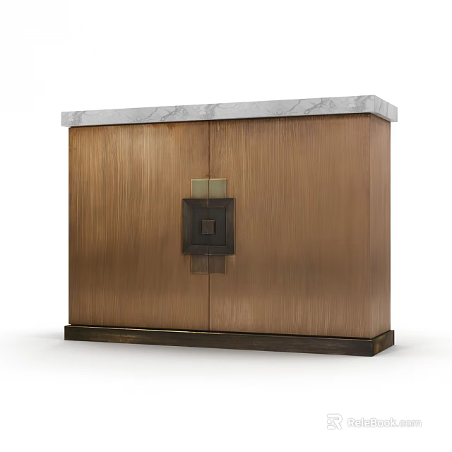 Brushed Brass Console Cabinet With Marble Top And Decorative Panel Design 3d model 