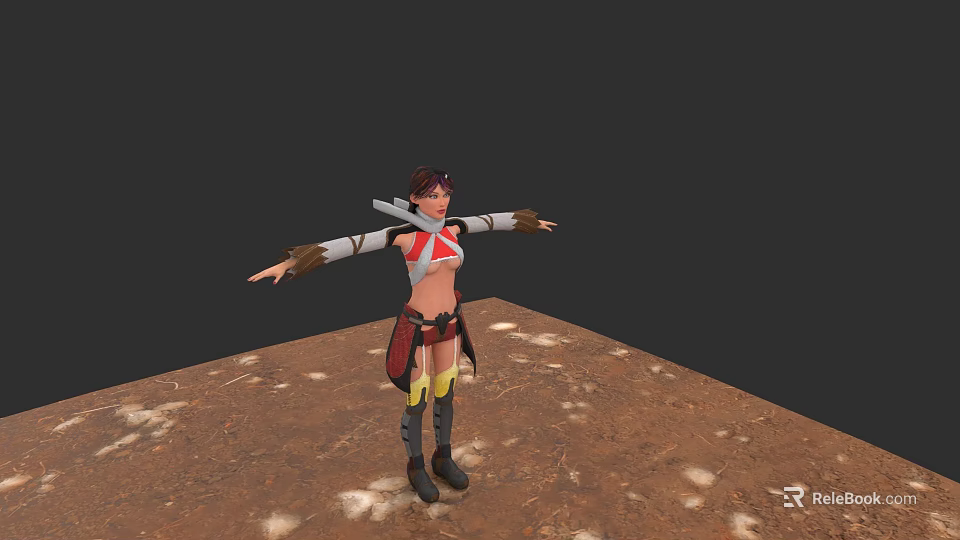 Woman In Red White Outfit With Goggles Standing On Brown Ground Arms Outstretched 3d model 