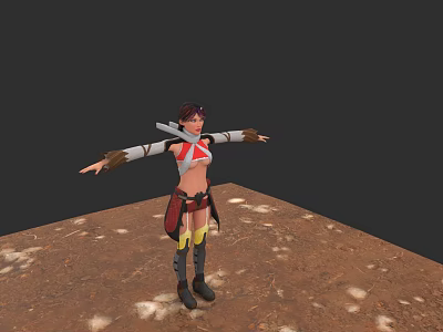 Woman In Red White Outfit With Goggles Standing On Brown Ground Arms Outstretched 3d model
