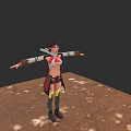 Woman In Red White Outfit With Goggles Standing On Brown Ground Arms Outstretched