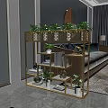 Golden Multi Tiered Lattice Flower Stand With Green Plants And Decorative Items