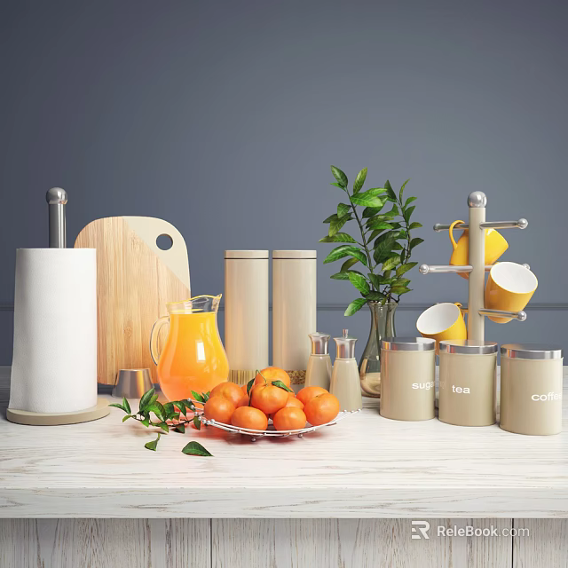 Kitchen Utensils Including Wooden Cutting Board Orange Juice Pitcher Oranges Green Plant And Mug Rack 3d model 