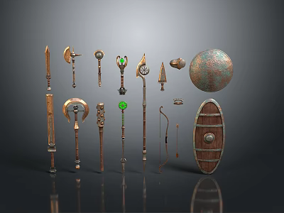 Ancient Medieval Metallic Weapons Collection with Various Ornate Handles and Shields 3d model